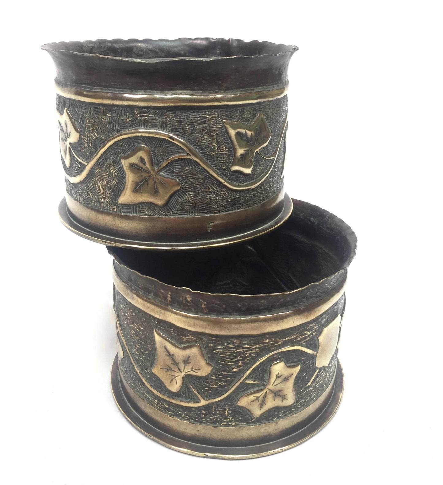 Antique Pair of WW1 German Shell Trench Art Brass Planters / Plant Pots c.1916