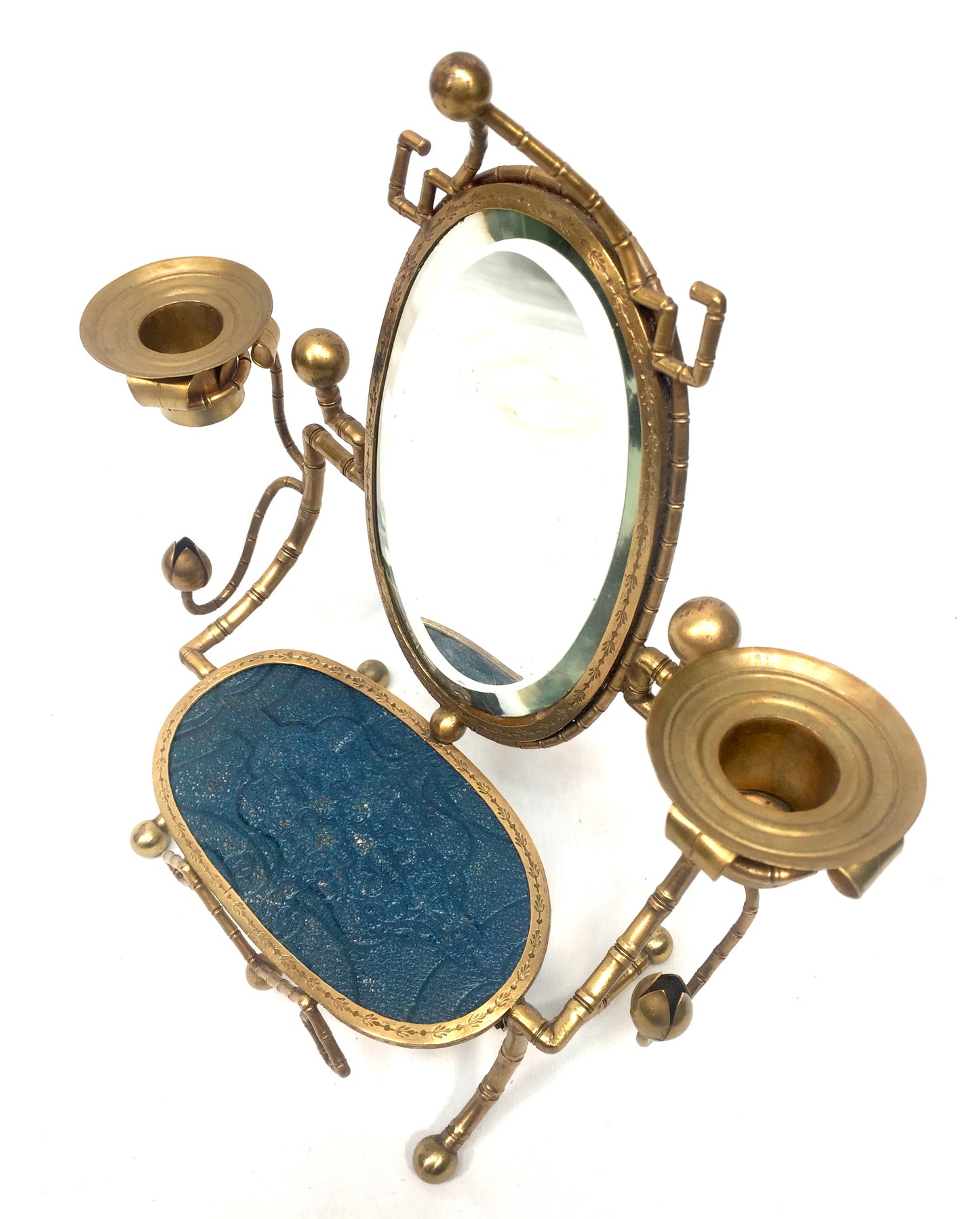 Antique French Tabletop Brass Vanity Mirror & Candle Holder / Jewellery Stand