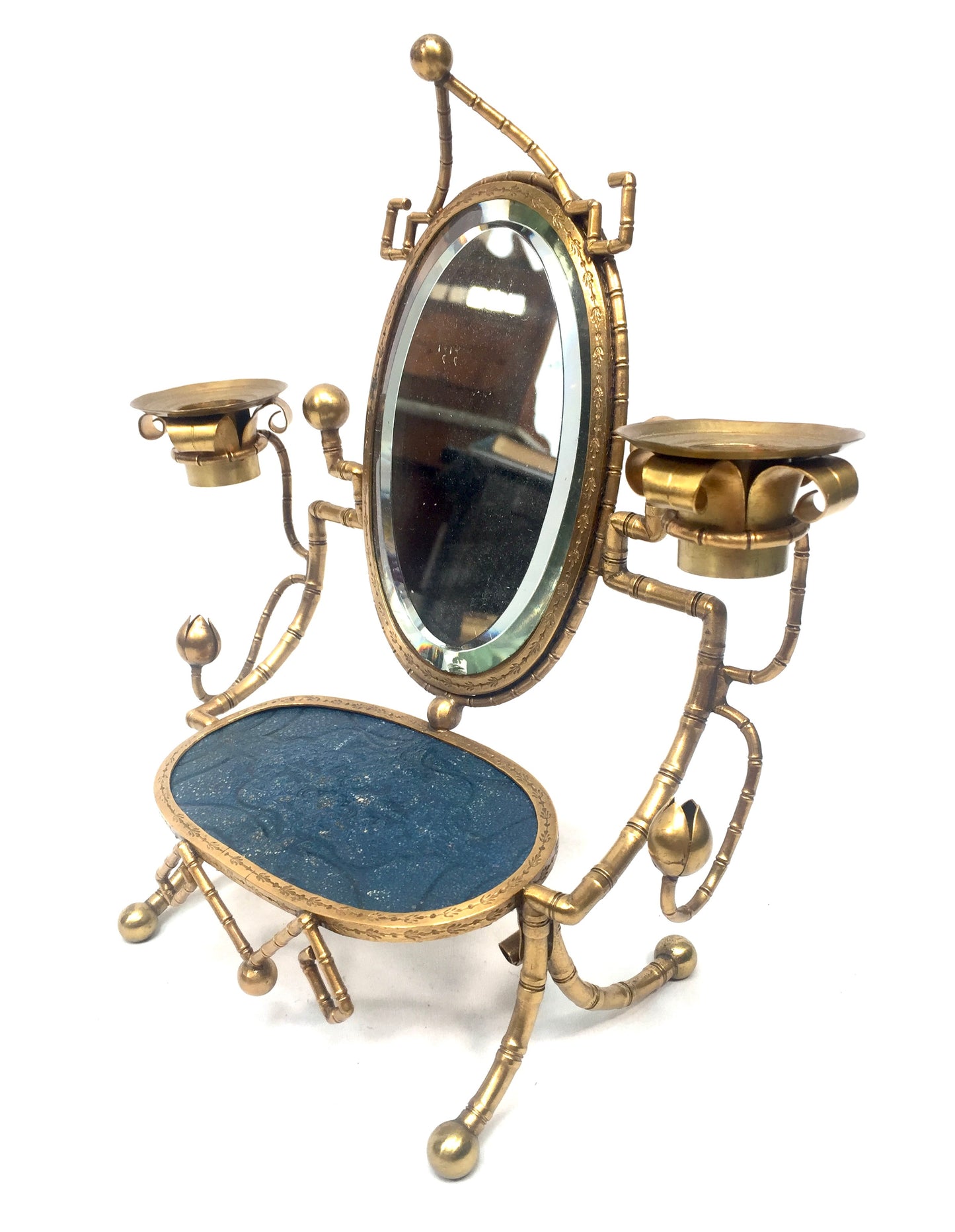 Antique French Tabletop Brass Vanity Mirror & Candle Holder / Jewellery Stand