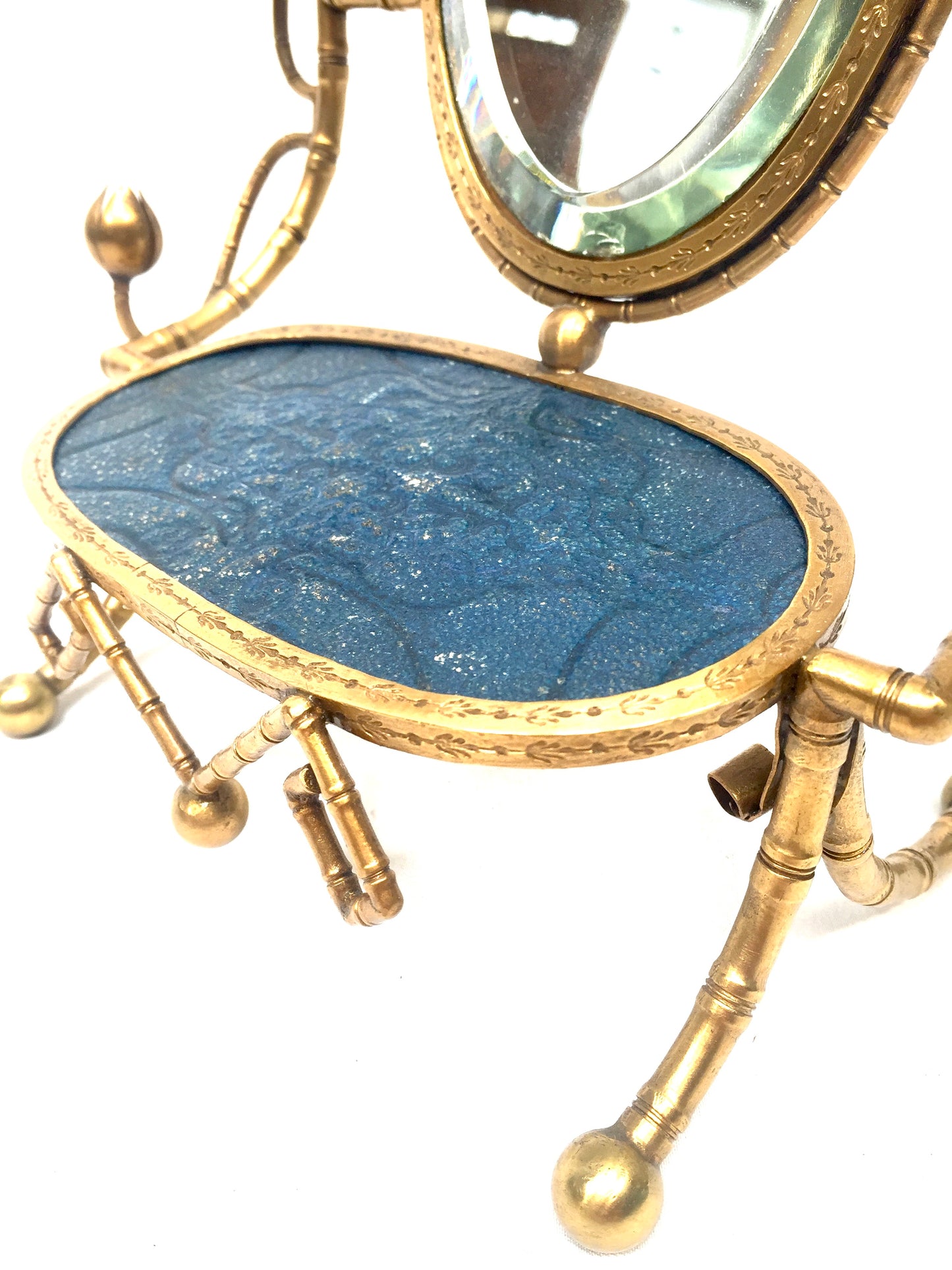 Antique French Tabletop Brass Vanity Mirror & Candle Holder / Jewellery Stand