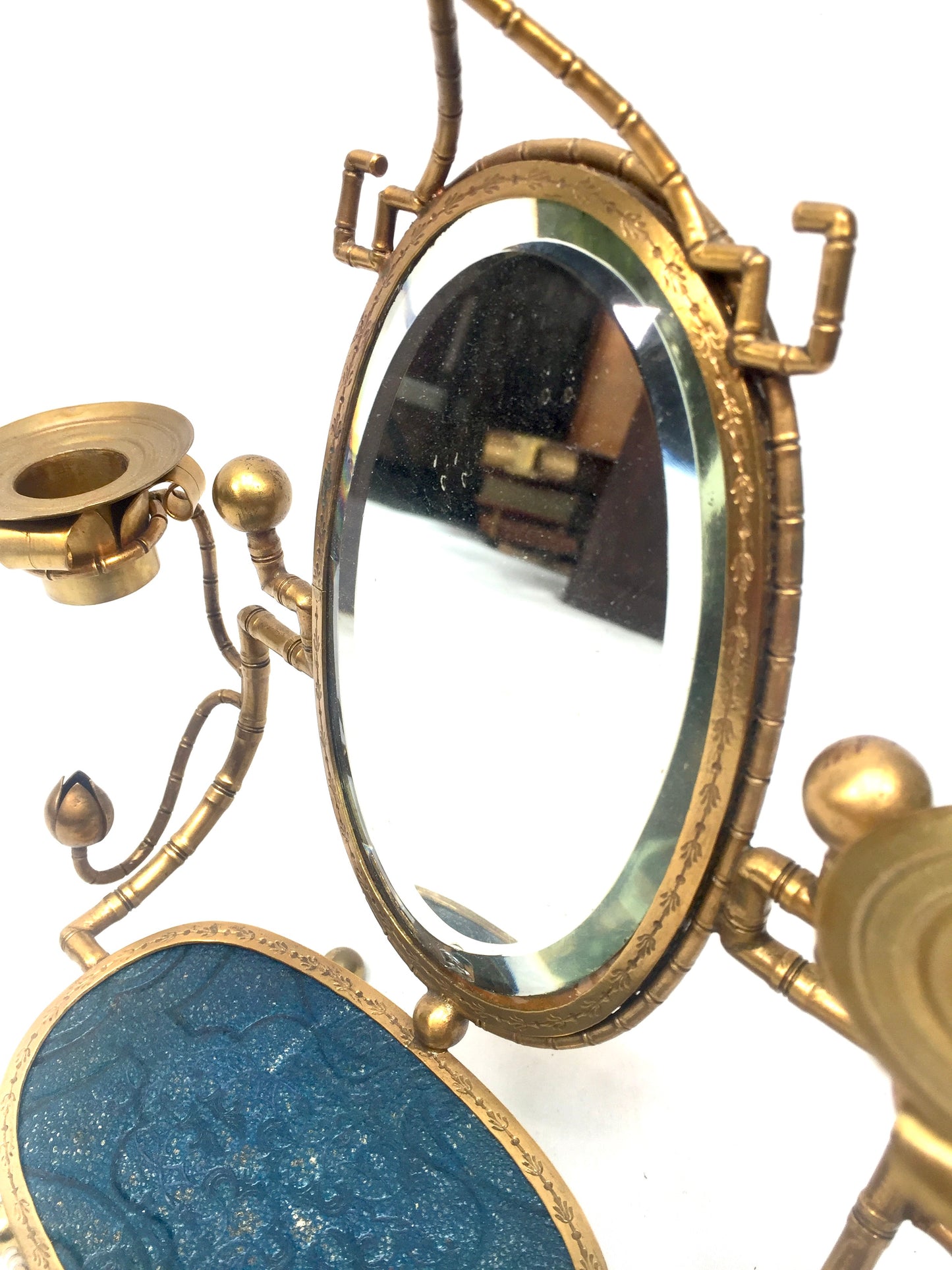 Antique French Tabletop Brass Vanity Mirror & Candle Holder / Jewellery Stand