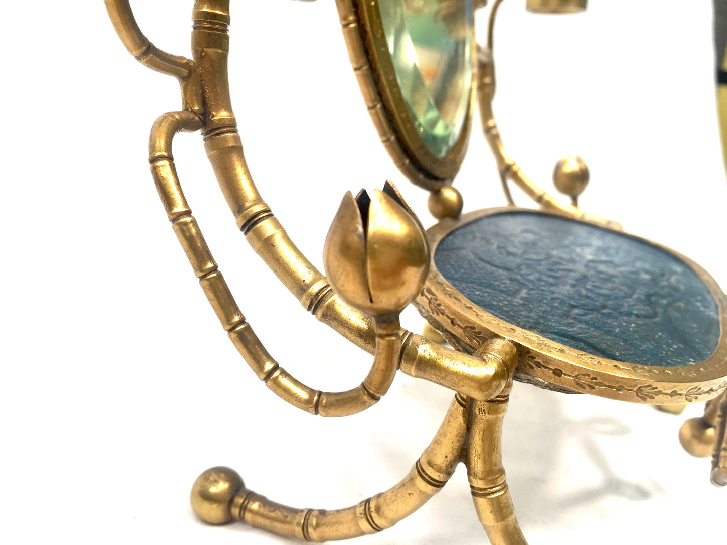 Antique French Tabletop Brass Vanity Mirror & Candle Holder / Jewellery Stand