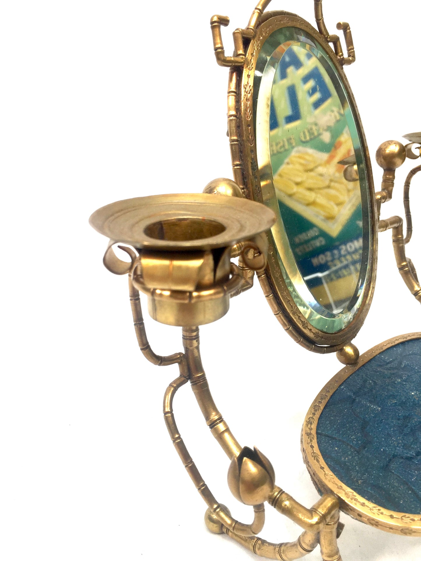 Antique French Tabletop Brass Vanity Mirror & Candle Holder / Jewellery Stand