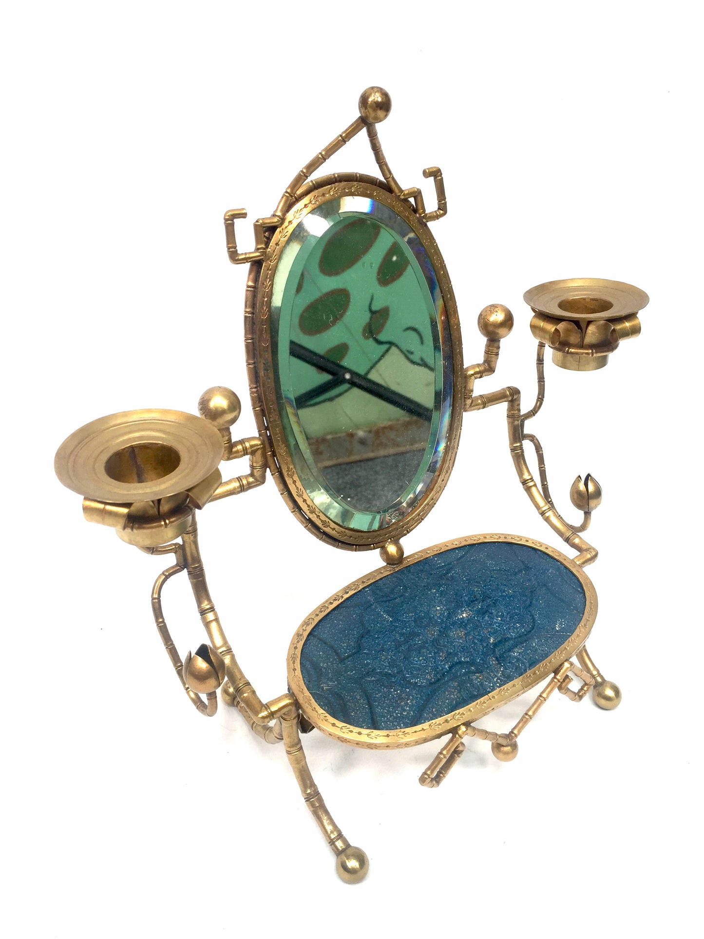 Antique French Tabletop Brass Vanity Mirror & Candle Holder / Jewellery Stand