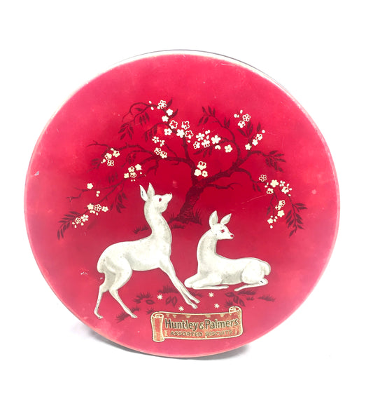 Vintage Huntley & Palmer Assorted Biscuit Tin / Box Deer and Cherry Blossom Tree