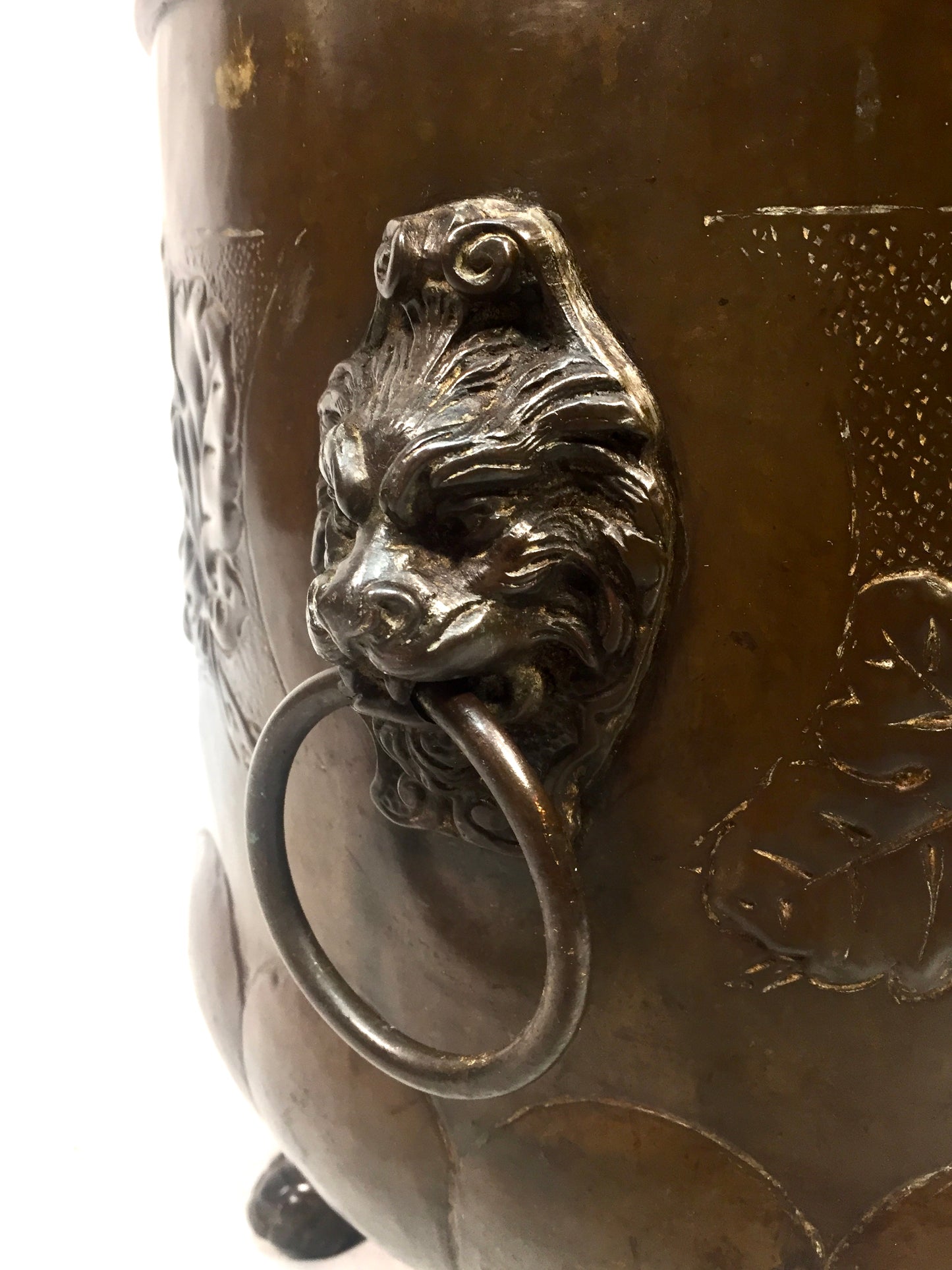 Antique Arts & Crafts Large Brass Planter Lion Mask Handles Plant Pot c.1900