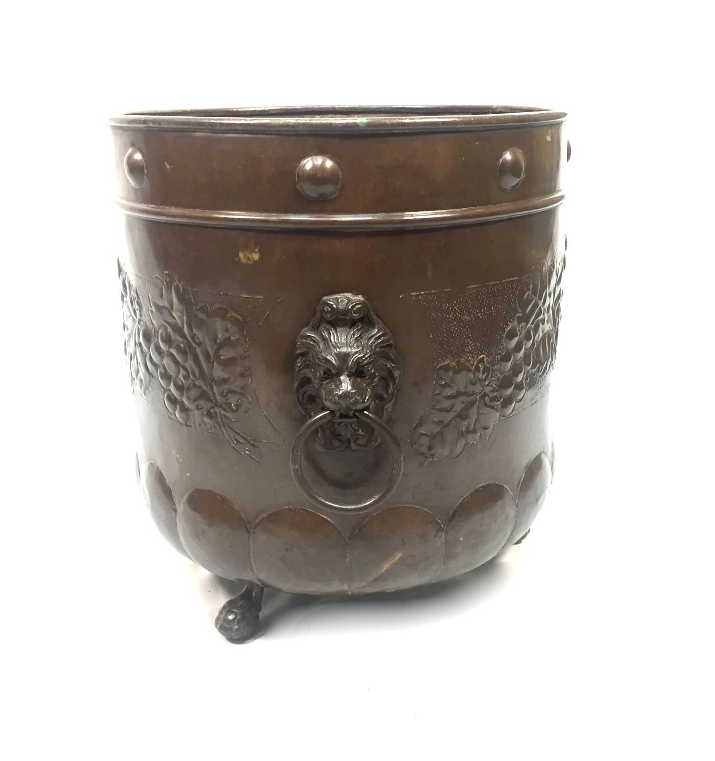 Antique Arts & Crafts Large Brass Planter Lion Mask Handles Plant Pot c.1900