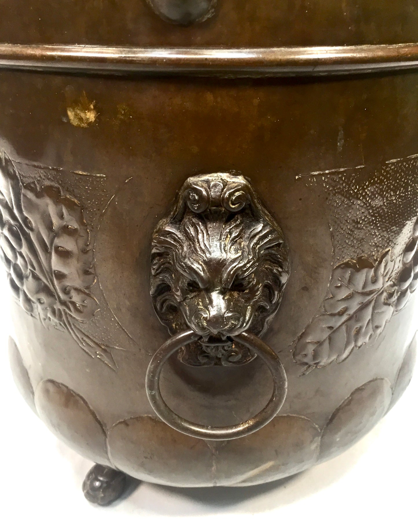 Antique Arts & Crafts Large Brass Planter Lion Mask Handles Plant Pot c.1900