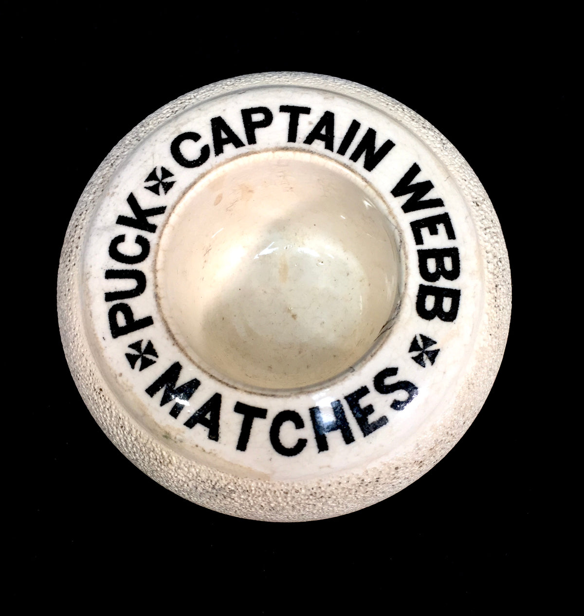 Antique Advertising Ceramic Match Striker / Puck Captain Webb Match Stick Holder