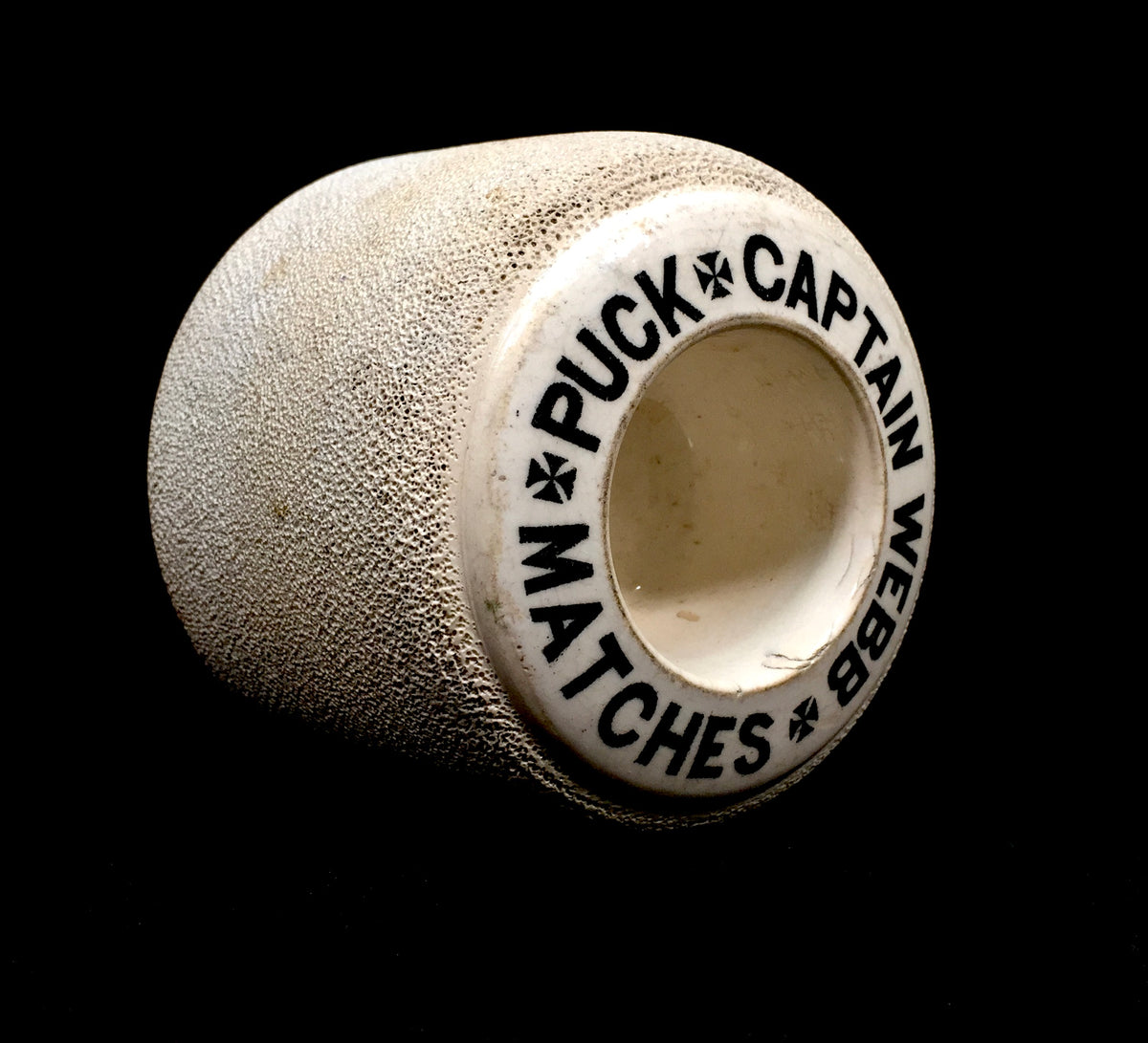 Antique Advertising Ceramic Match Striker / Puck Captain Webb Match Stick Holder