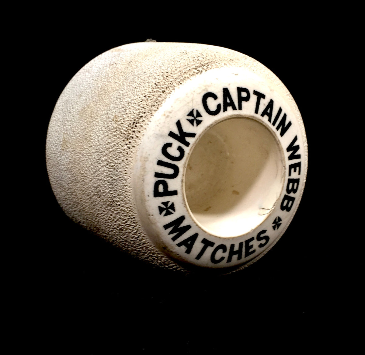 Antique Advertising Ceramic Match Striker / Puck Captain Webb Match Stick Holder