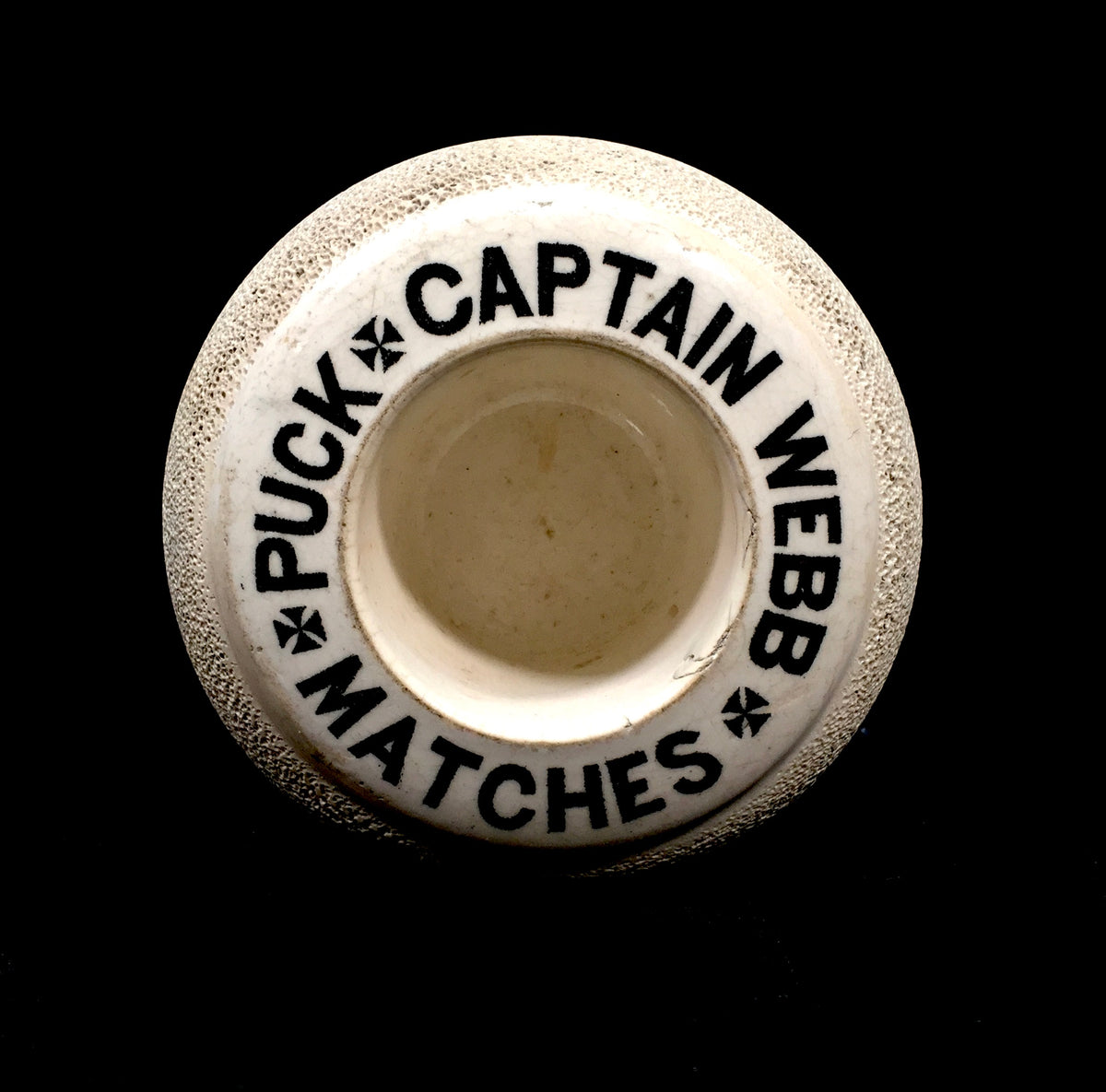 Antique Advertising Ceramic Match Striker / Puck Captain Webb Match Stick Holder