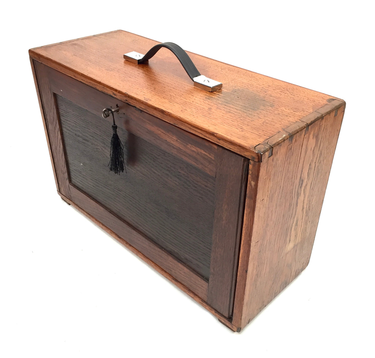 Antique Wooden Oak Engineers Toolbox Tool Box Collectors Cabinet Storage & Key