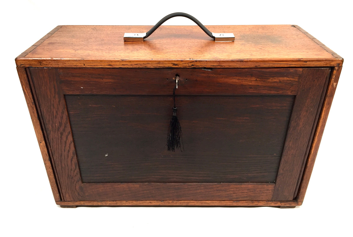 Antique Wooden Oak Engineers Toolbox Tool Box Collectors Cabinet Storage & Key
