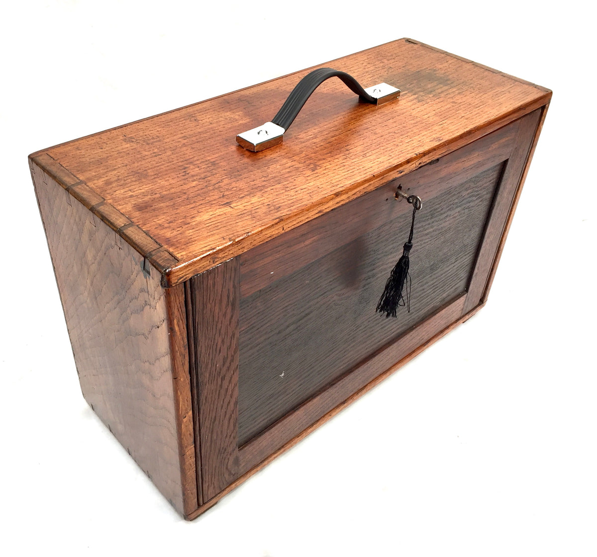 Antique Wooden Oak Engineers Toolbox Tool Box Collectors Cabinet Storage & Key