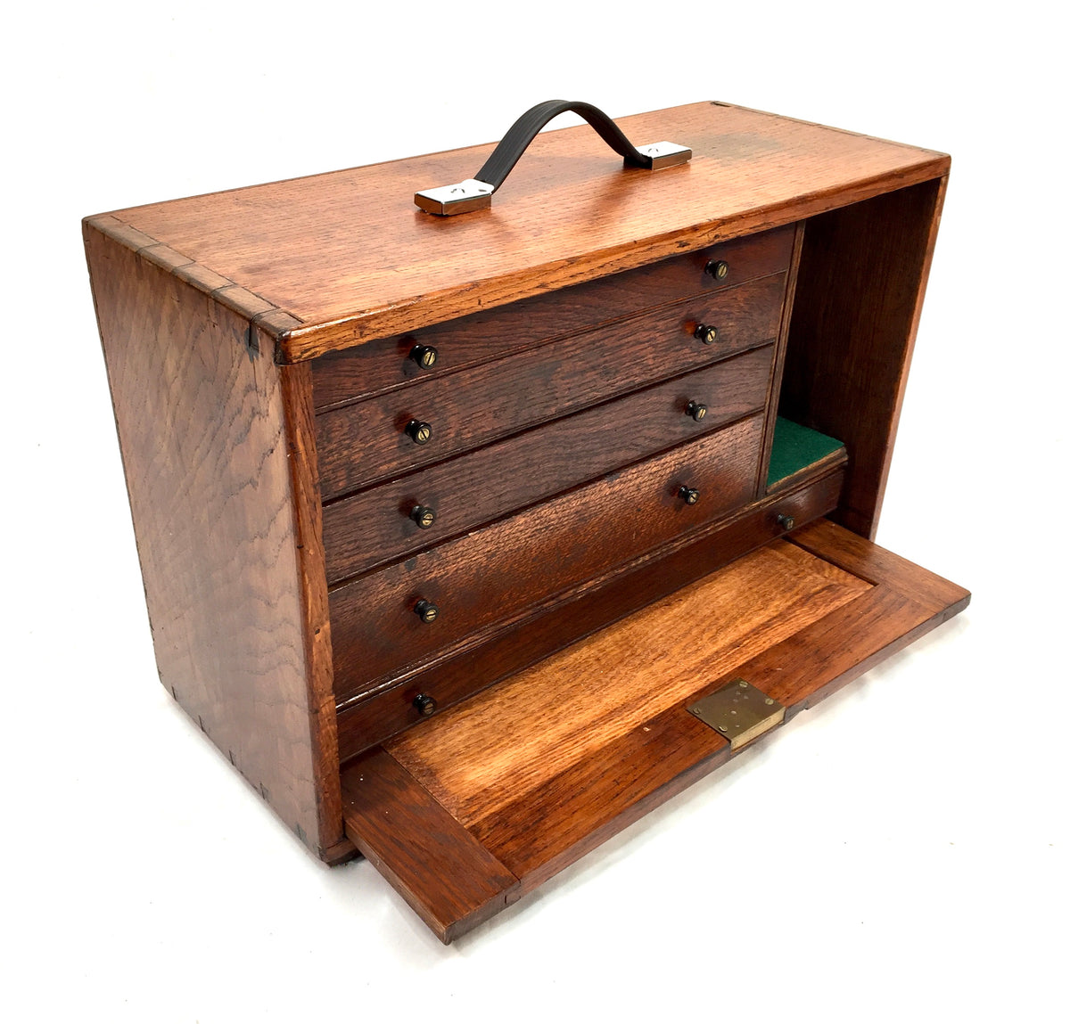Antique Wooden Oak Engineers Toolbox Tool Box Collectors Cabinet Storage & Key