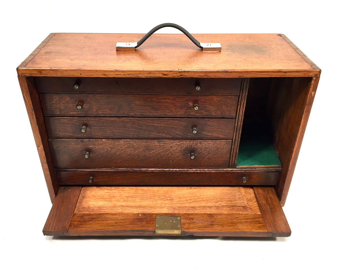 Antique Wooden Oak Engineers Toolbox Tool Box Collectors Cabinet Storage & Key