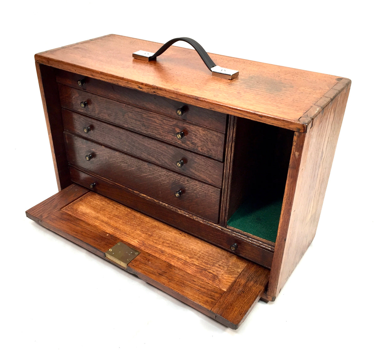 Antique Wooden Oak Engineers Toolbox Tool Box Collectors Cabinet Storage & Key