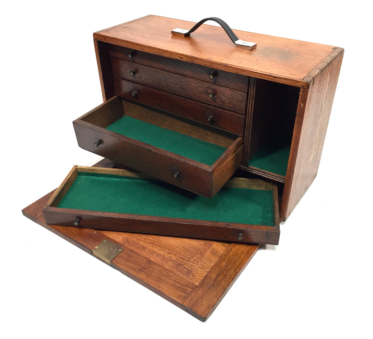 Antique Wooden Oak Engineers Toolbox Tool Box Collectors Cabinet Storage & Key