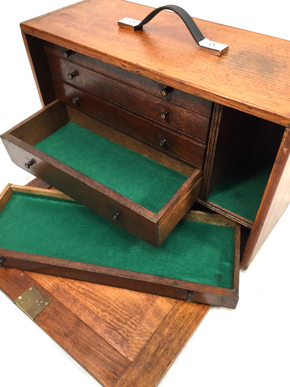 Antique Wooden Oak Engineers Toolbox Tool Box Collectors Cabinet Storage & Key