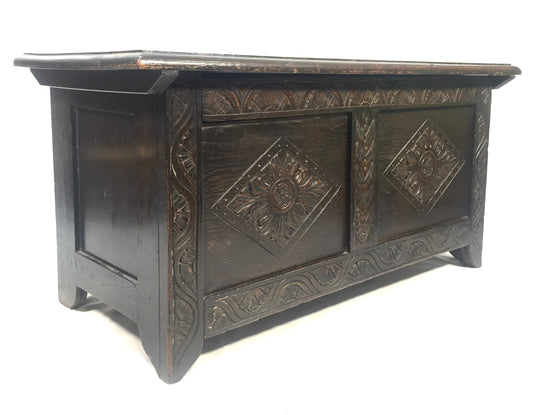 Antique 19th Century Wooden Oak Carved Blanket Box / Coffer Storage Trunk c1890