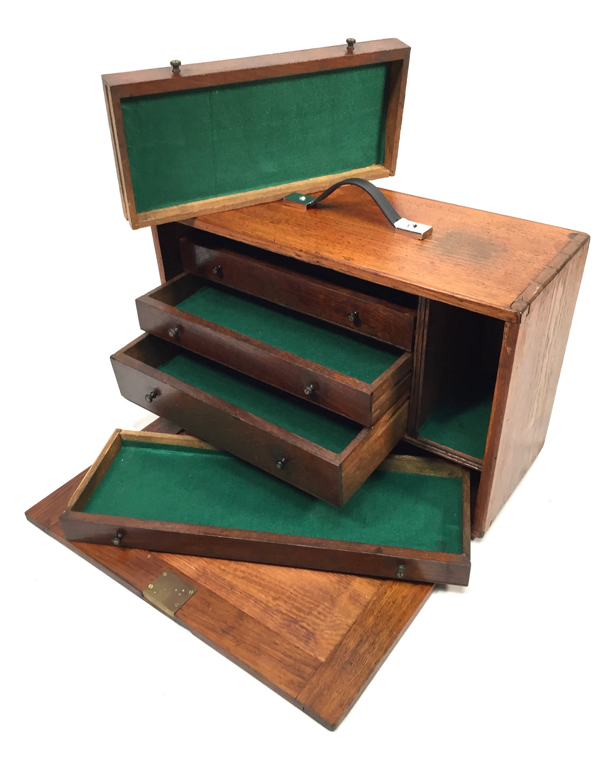 Antique Wooden Oak Engineers Toolbox Tool Box Collectors Cabinet Storage & Key