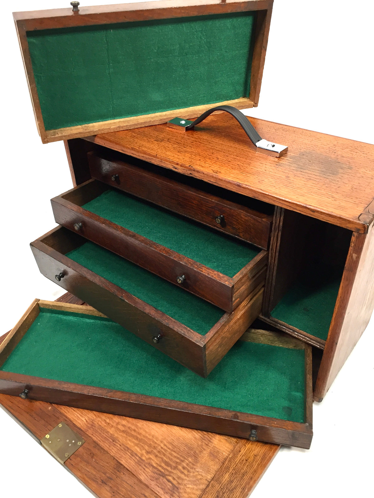 Antique Wooden Oak Engineers Toolbox Tool Box Collectors Cabinet Storage & Key
