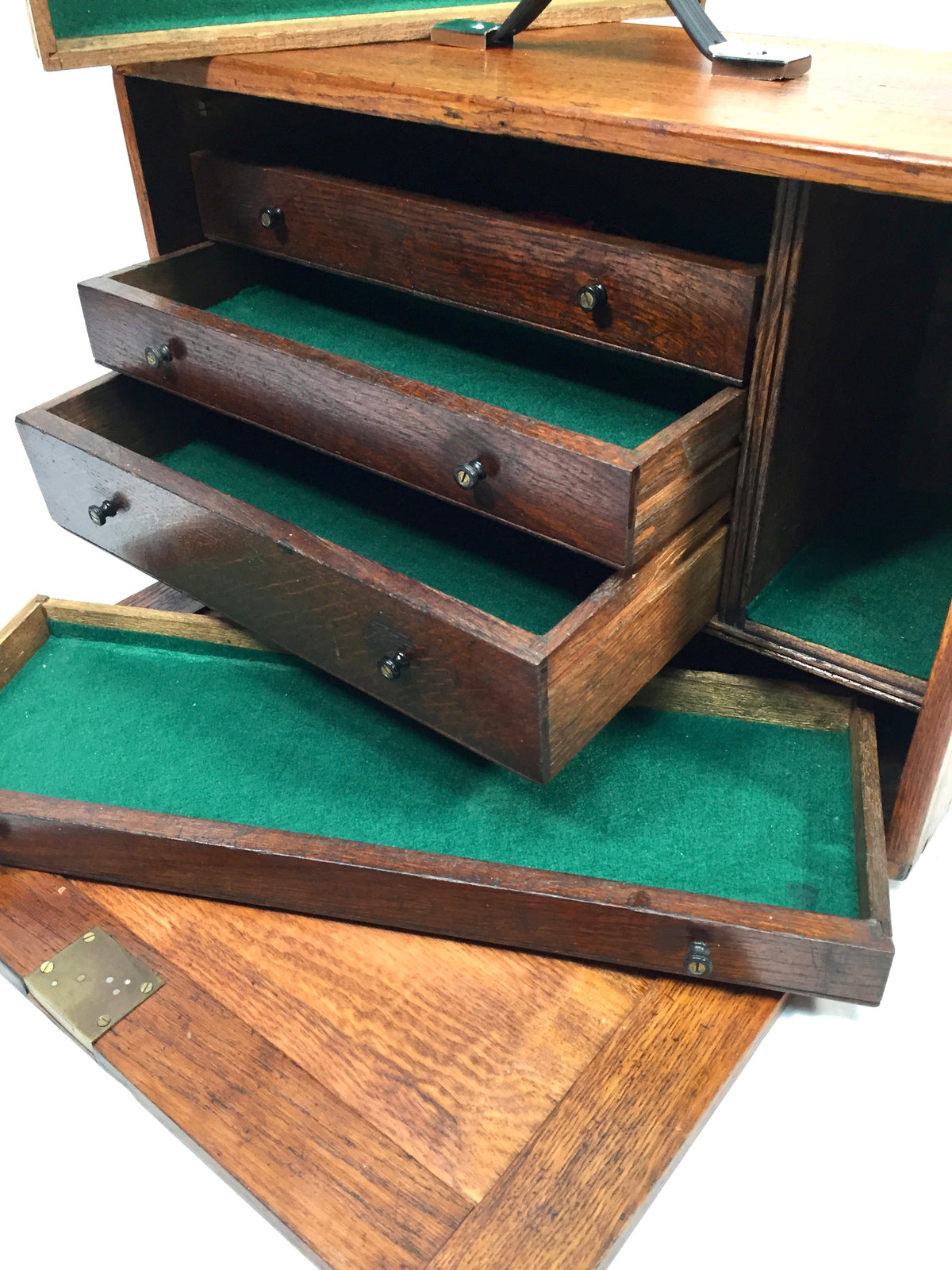 Antique Wooden Oak Engineers Toolbox Tool Box Collectors Cabinet Storage & Key