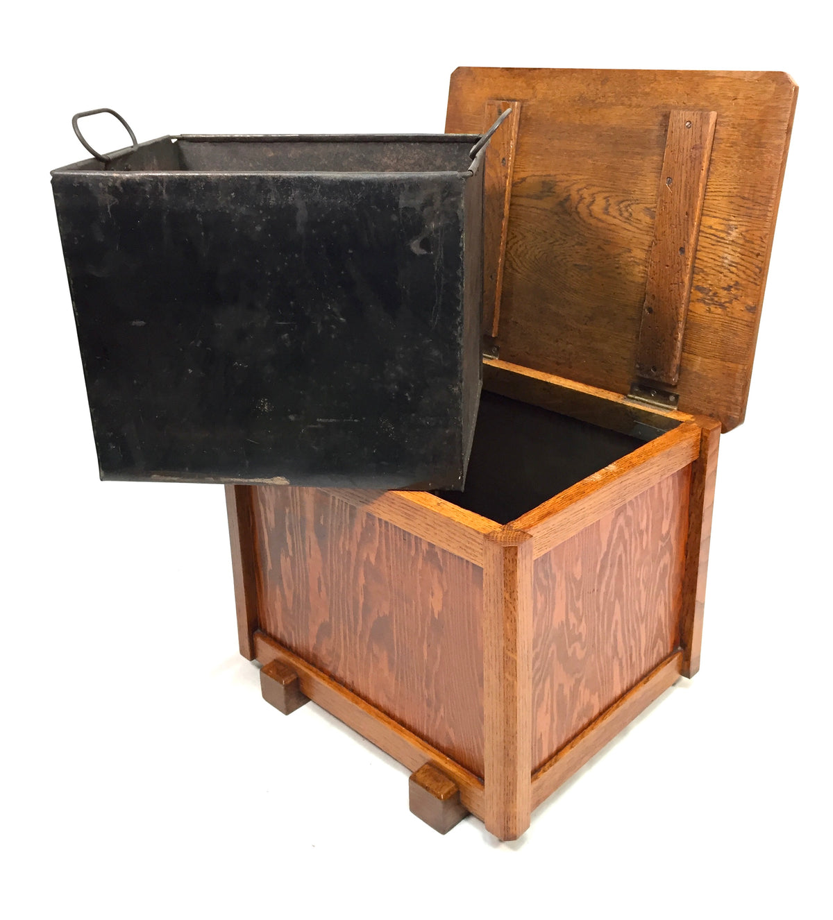 Antique Art Deco 1930s Oak Wooden Coal Box / Purdonium Case With Metal Tin Liner