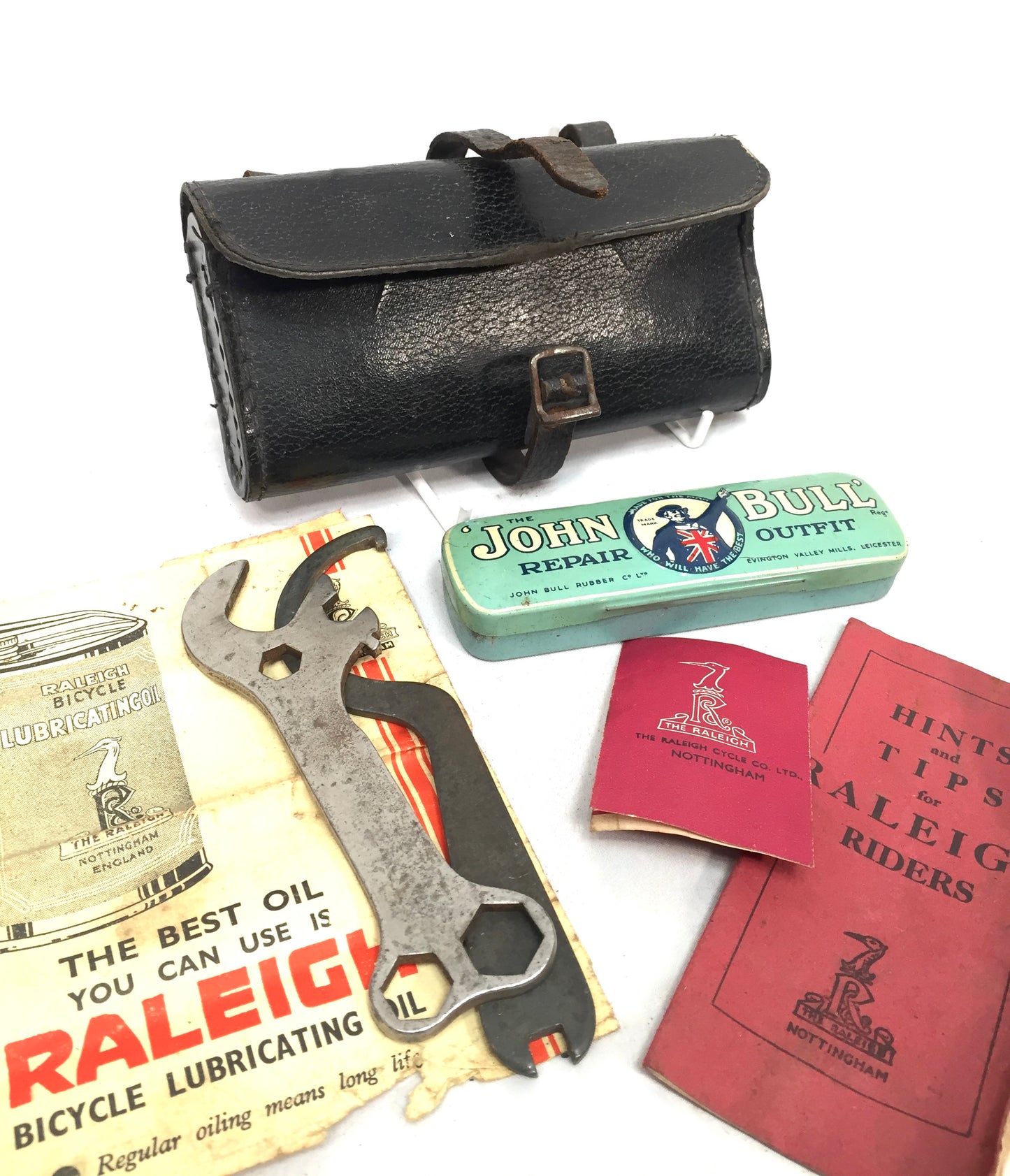 Antique Bicycle Repair Kit in Black Leather Saddle Bag with John Bull Repair Tin