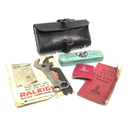 Antique Bicycle Repair Kit in Black Leather Saddle Bag with John Bull Repair Tin