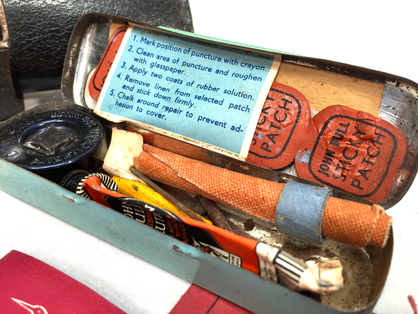 Antique Bicycle Repair Kit in Black Leather Saddle Bag with John Bull Repair Tin