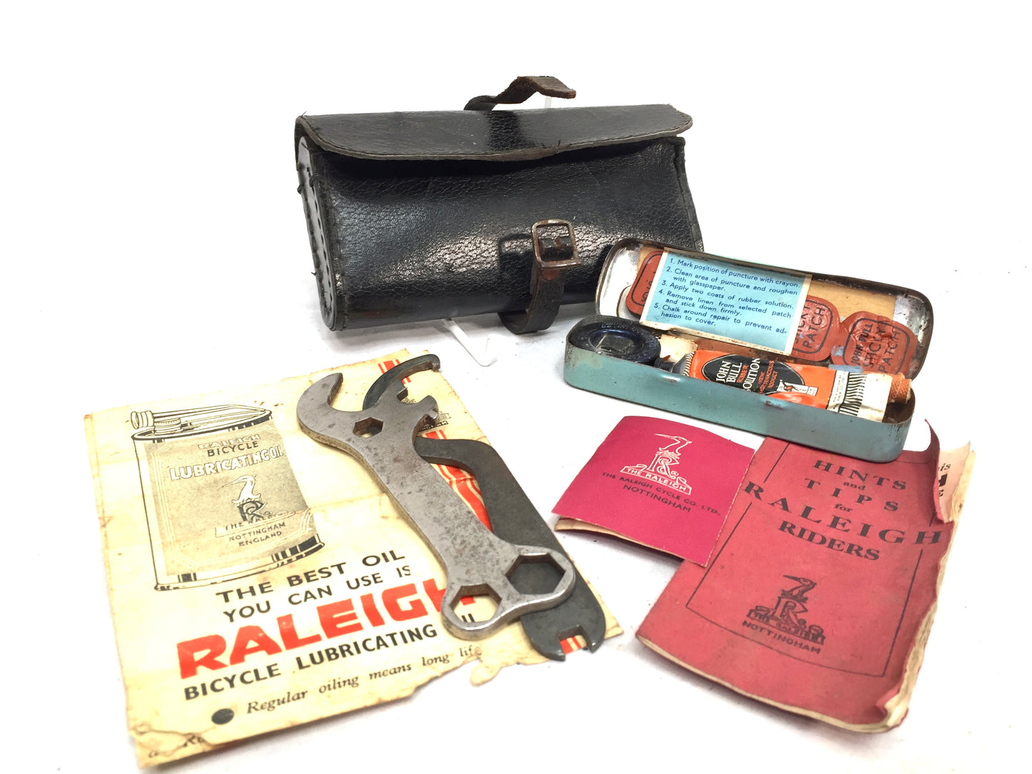 Antique Bicycle Repair Kit in Black Leather Saddle Bag with John Bull Repair Tin