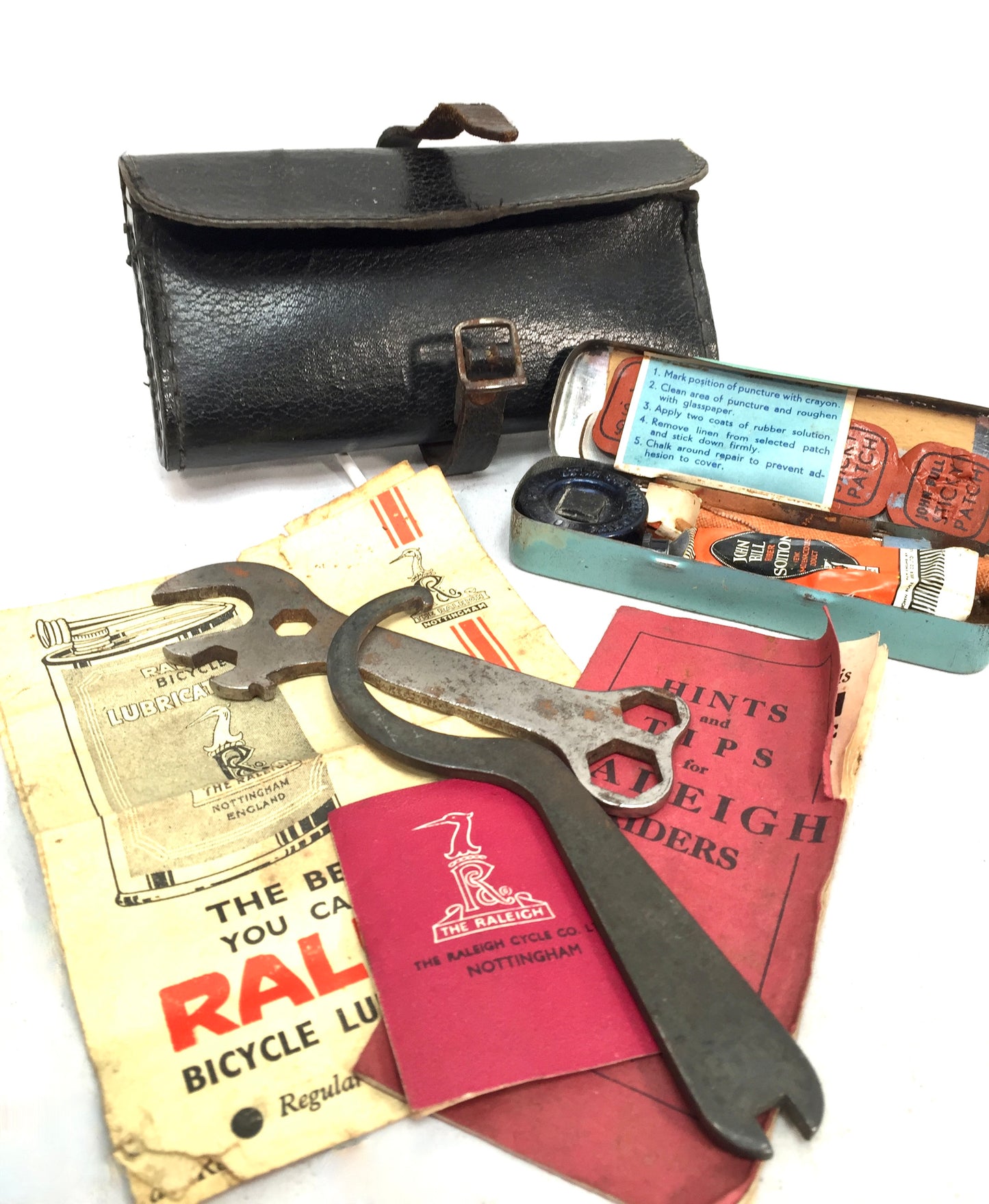 Antique Bicycle Repair Kit in Black Leather Saddle Bag with John Bull Repair Tin