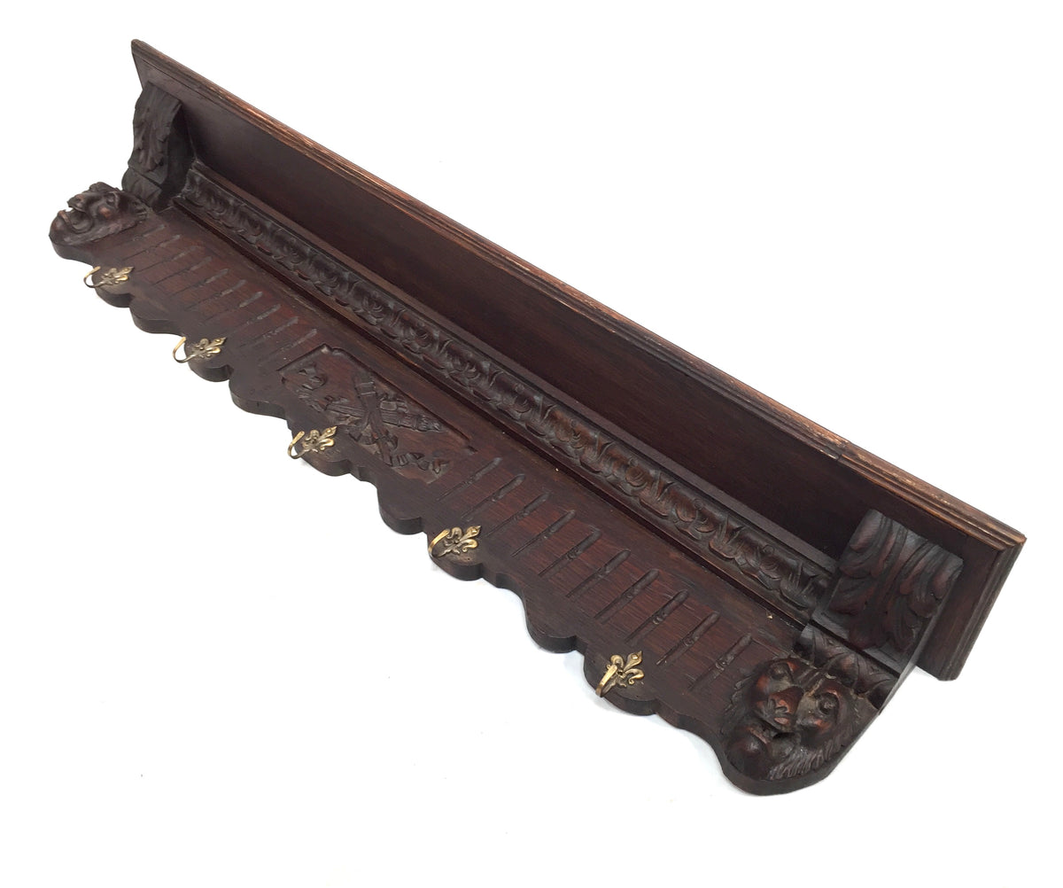Antique Victorian Entrance Hall Wooden Oak Wall Mounted Coat Rack & Shelf c.1890