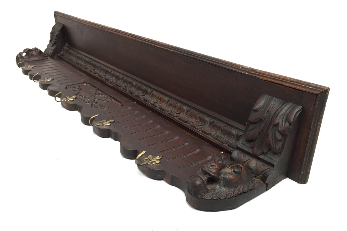 Antique Victorian Entrance Hall Wooden Oak Wall Mounted Coat Rack & Shelf c.1890