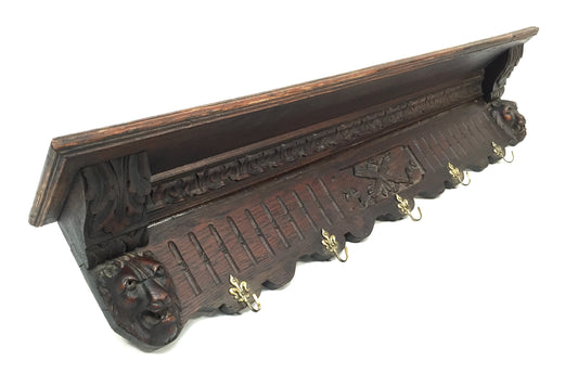 Antique Victorian Entrance Hall Wooden Oak Wall Mounted Coat Rack & Shelf c.1890