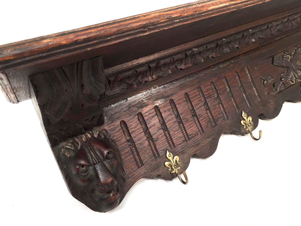 Antique Victorian Entrance Hall Wooden Oak Wall Mounted Coat Rack & Shelf c.1890
