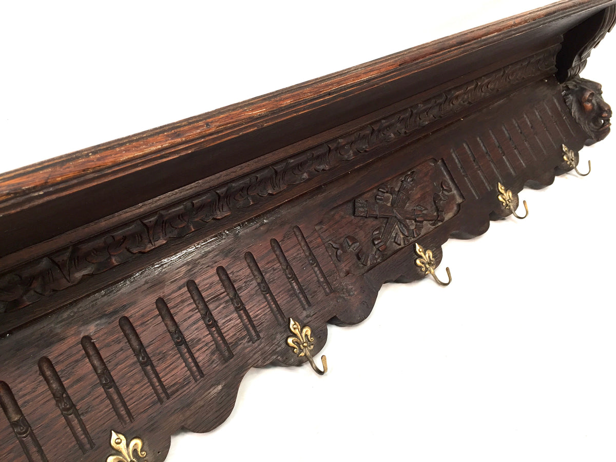 Antique Victorian Entrance Hall Wooden Oak Wall Mounted Coat Rack & Shelf c.1890