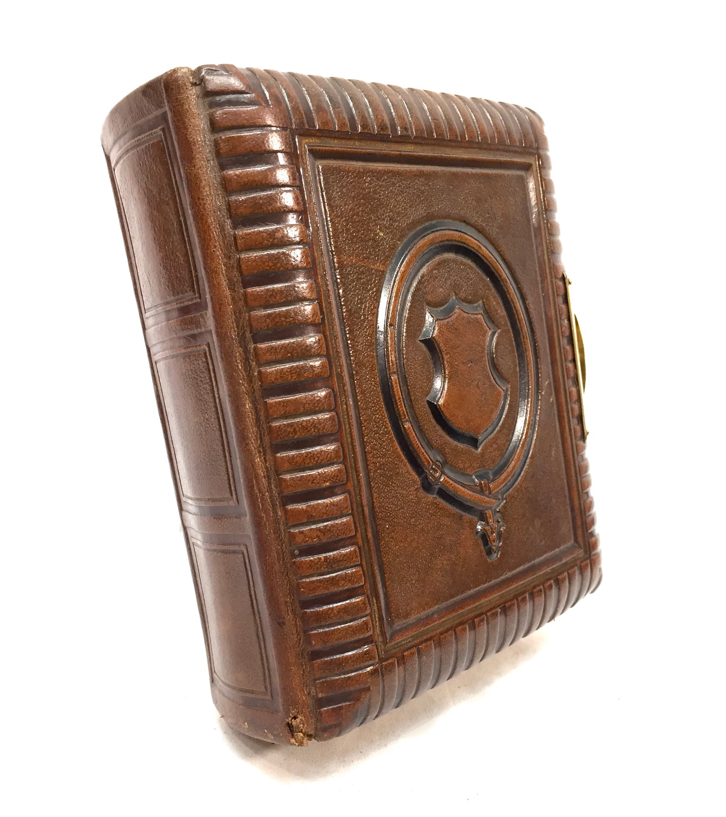 Antique 19th Century Victorian Brown Leather Bound & Brass Photo Album Book