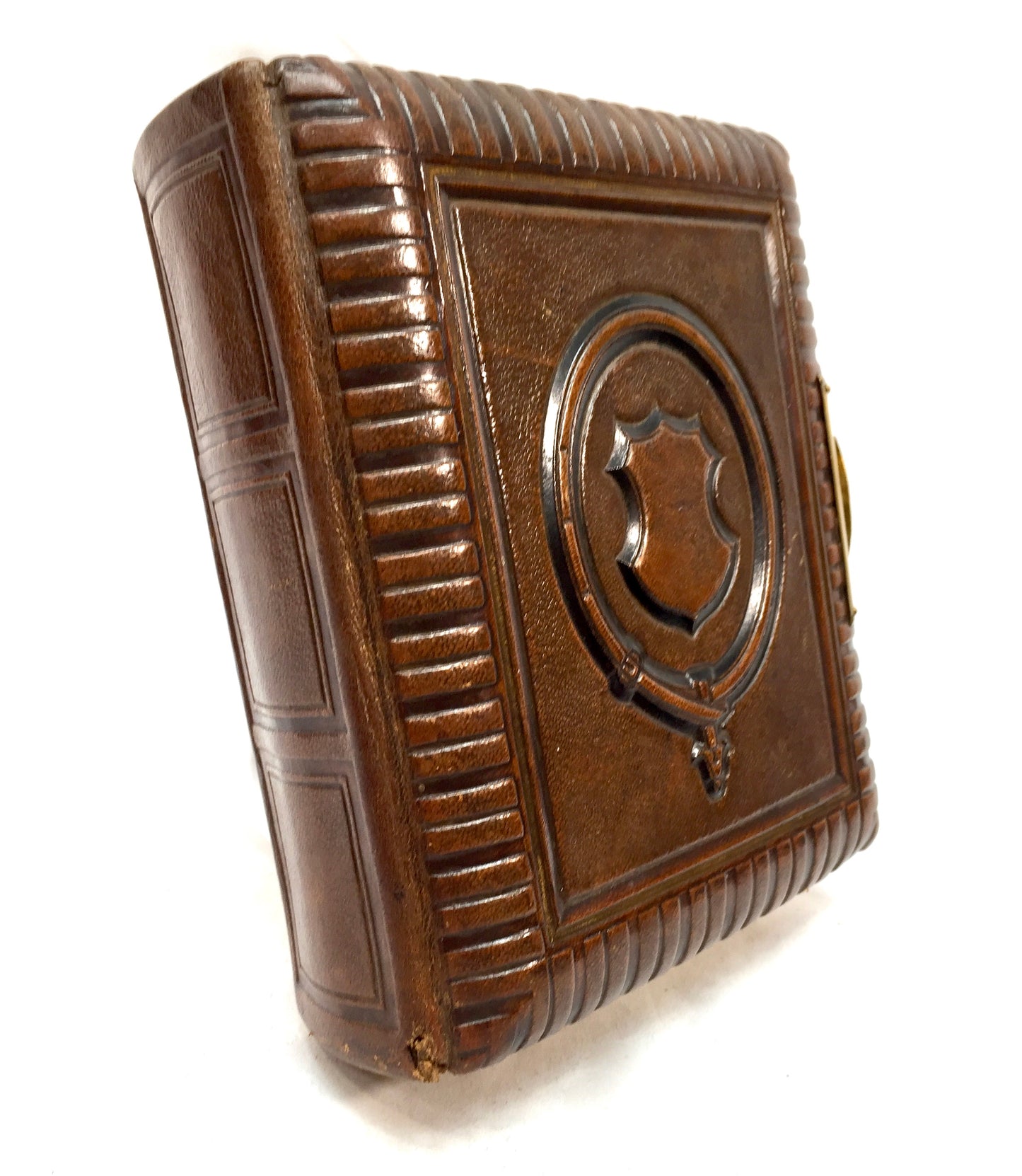 Antique 19th Century Victorian Brown Leather Bound & Brass Photo Album Book