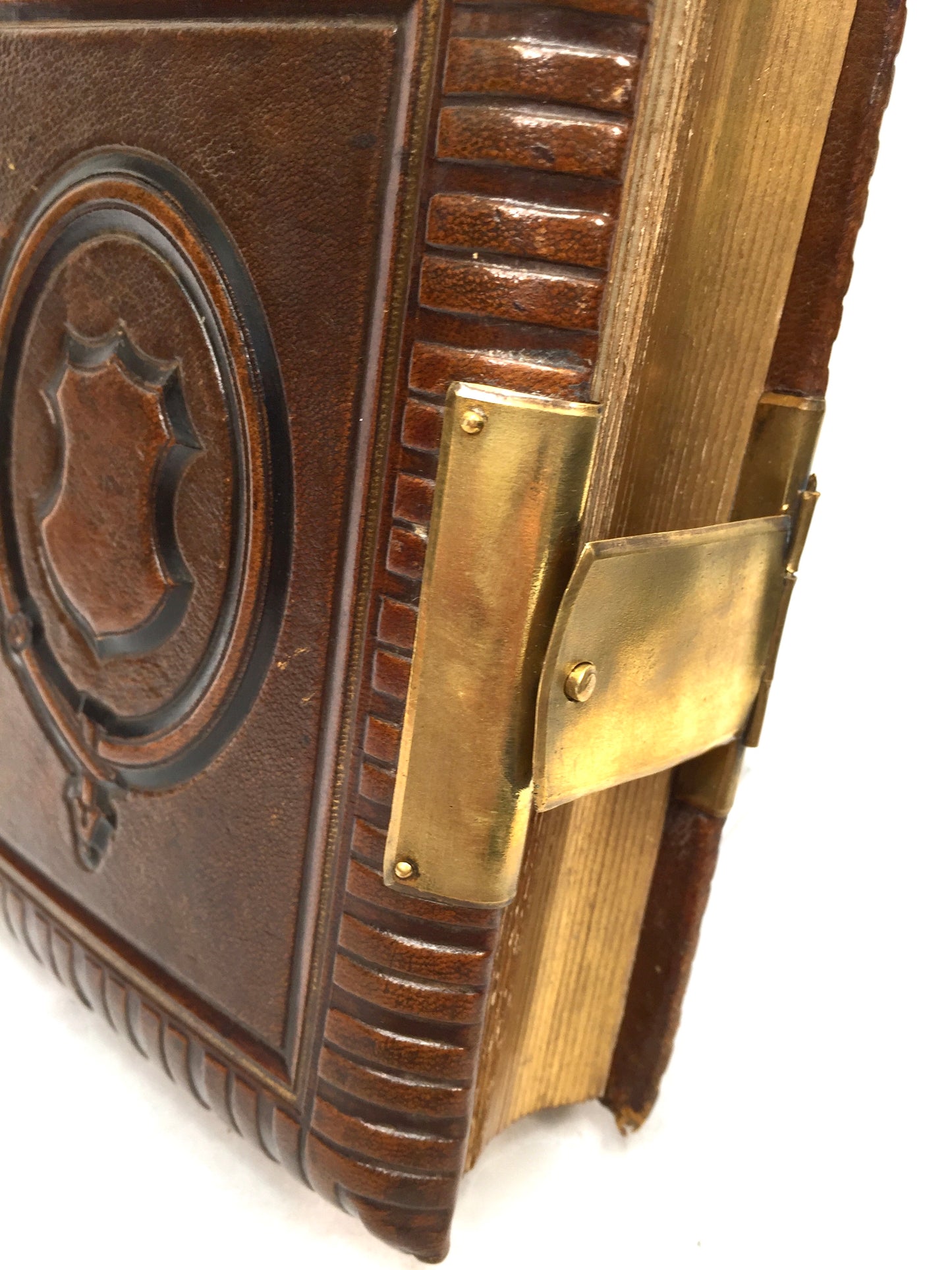Antique 19th Century Victorian Brown Leather Bound & Brass Photo Album Book