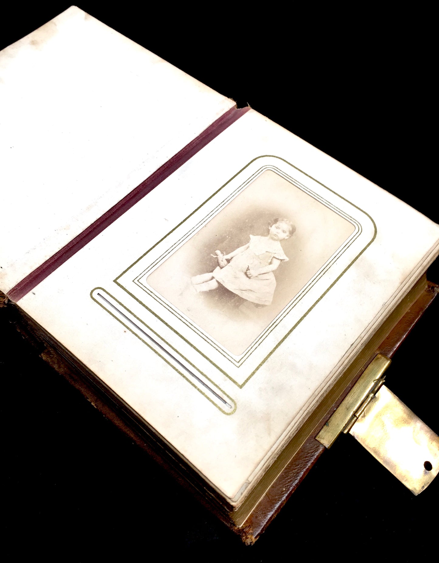Antique 19th Century Victorian Brown Leather Bound & Brass Photo Album Book