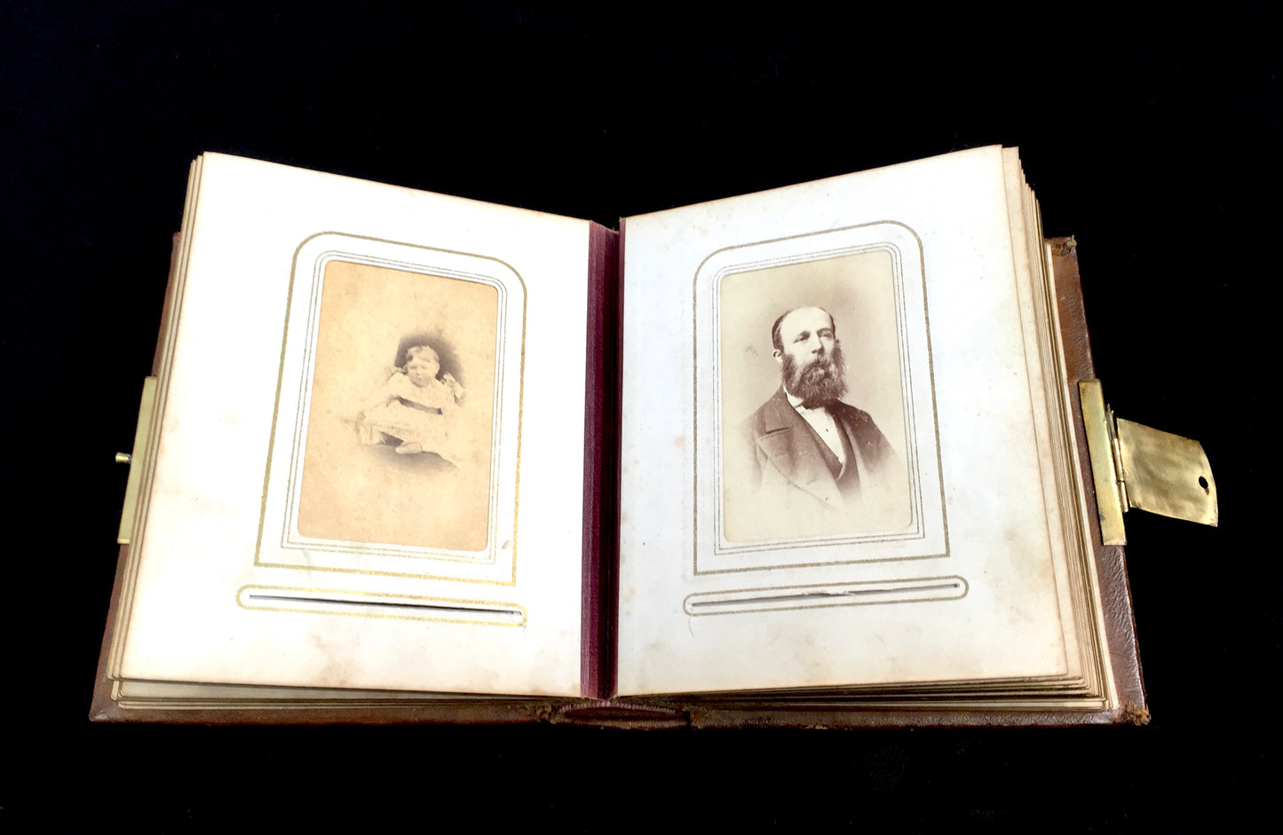 Antique 19th Century Victorian Brown Leather Bound & Brass Photo Album Book