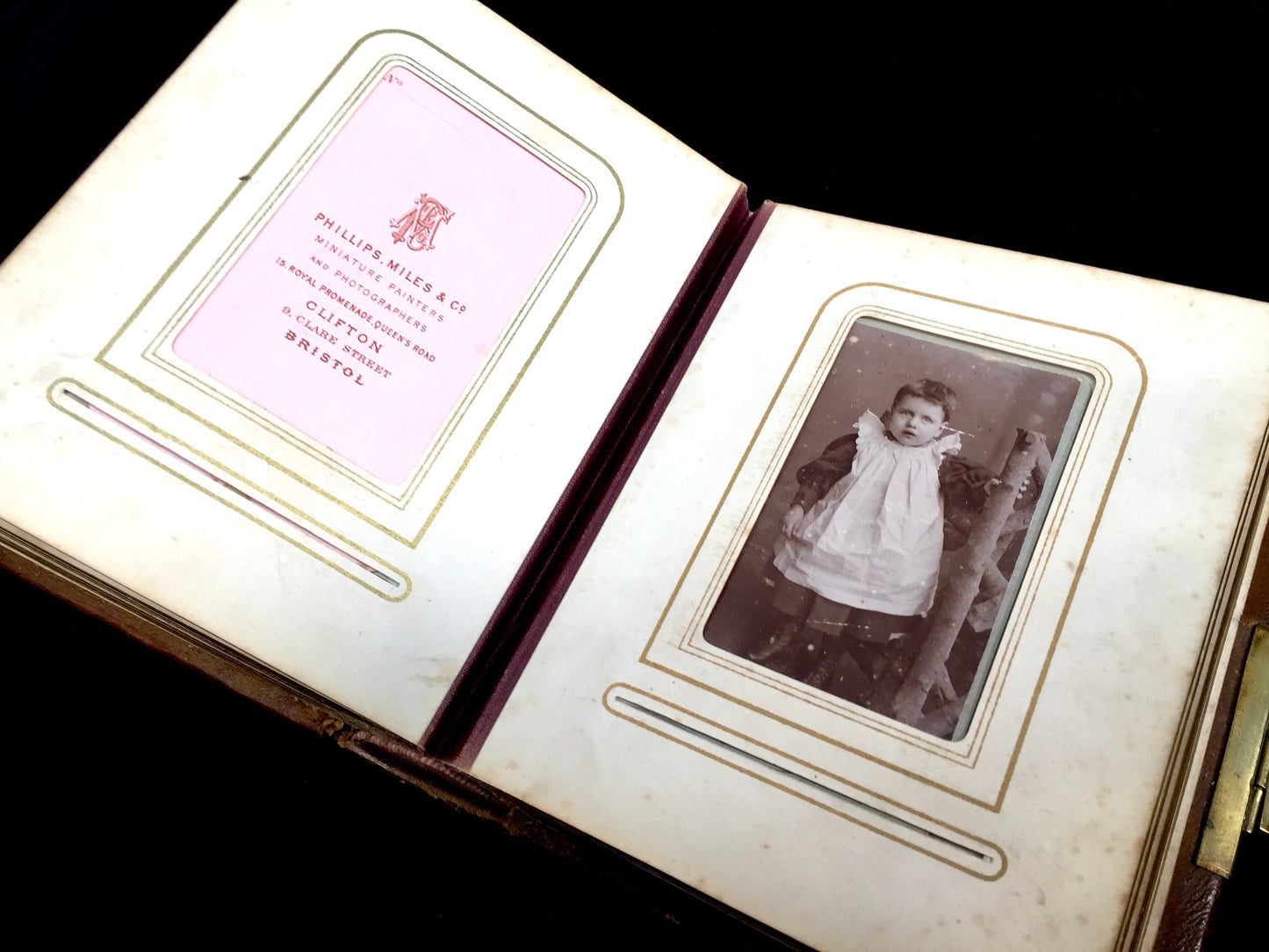 Antique 19th Century Victorian Brown Leather Bound & Brass Photo Album Book