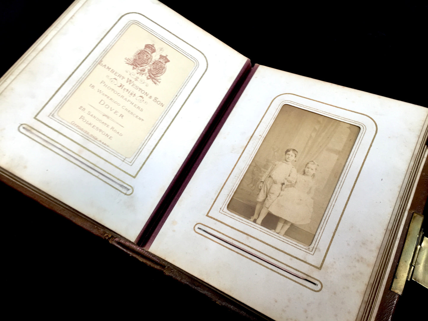Antique 19th Century Victorian Brown Leather Bound & Brass Photo Album Book