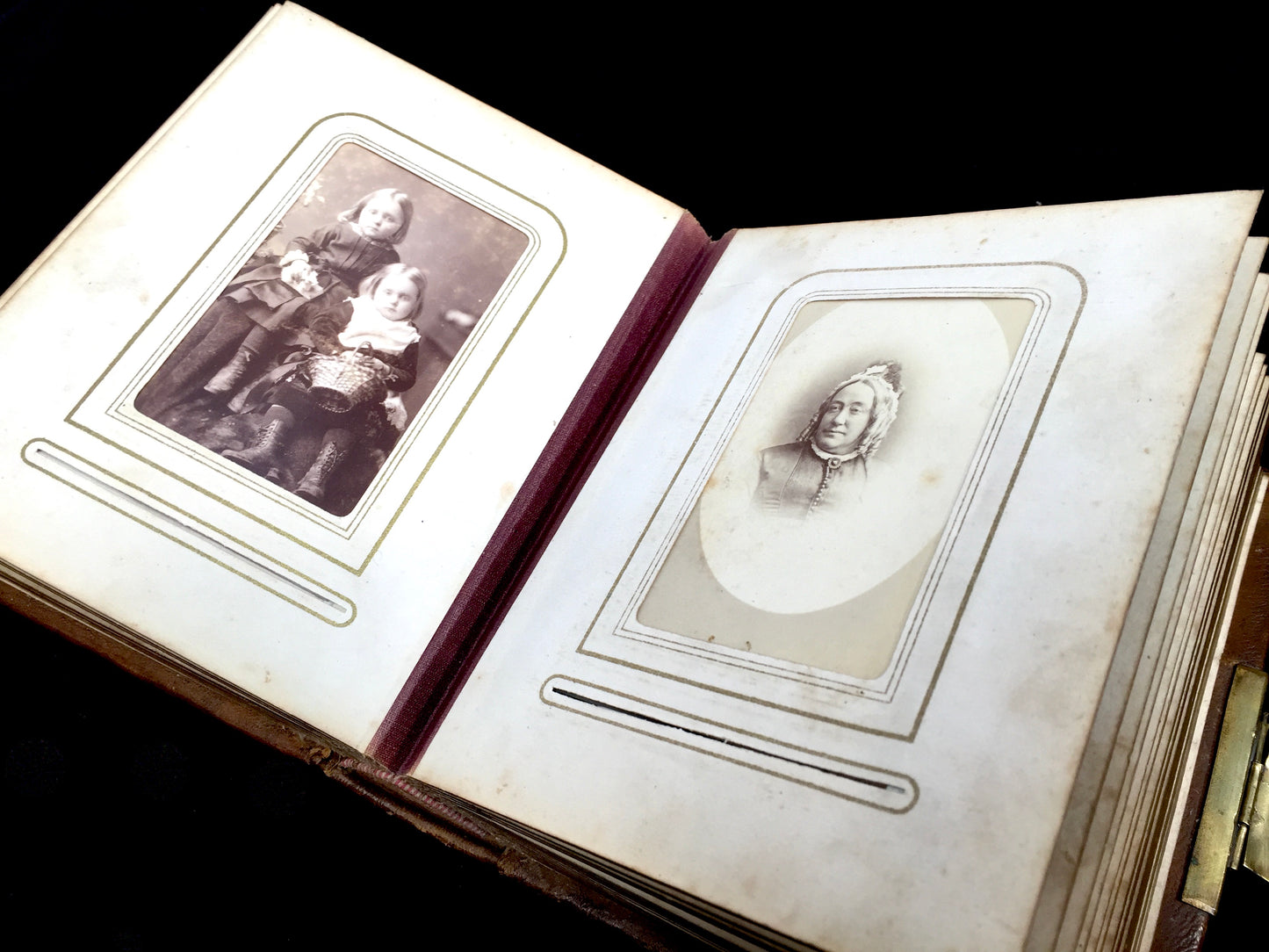 Antique 19th Century Victorian Brown Leather Bound & Brass Photo Album Book