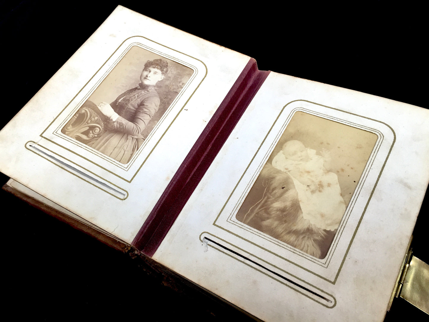 Antique 19th Century Victorian Brown Leather Bound & Brass Photo Album Book