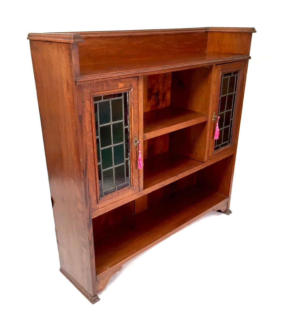 Antique Arts & Crafts Oak Wooden Display Bookcase Cabinet Stained Glazed Doors