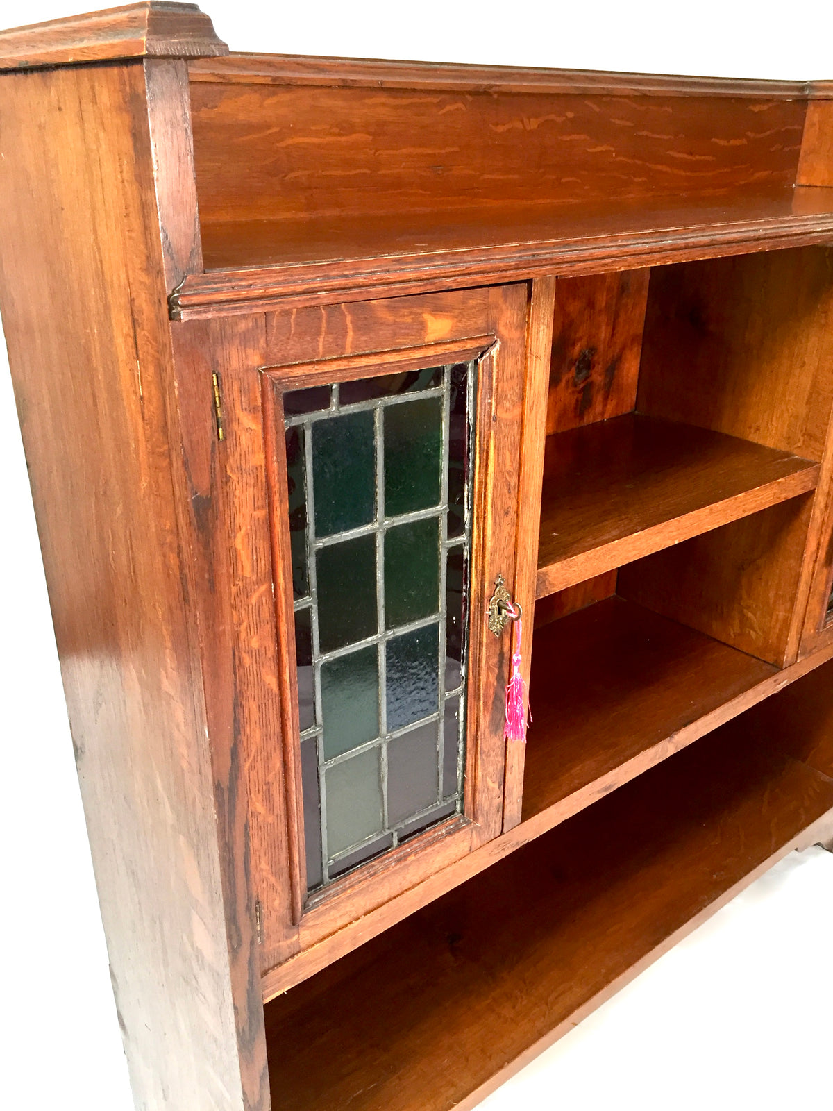 Antique Arts & Crafts Oak Wooden Display Bookcase Cabinet Stained Glazed Doors